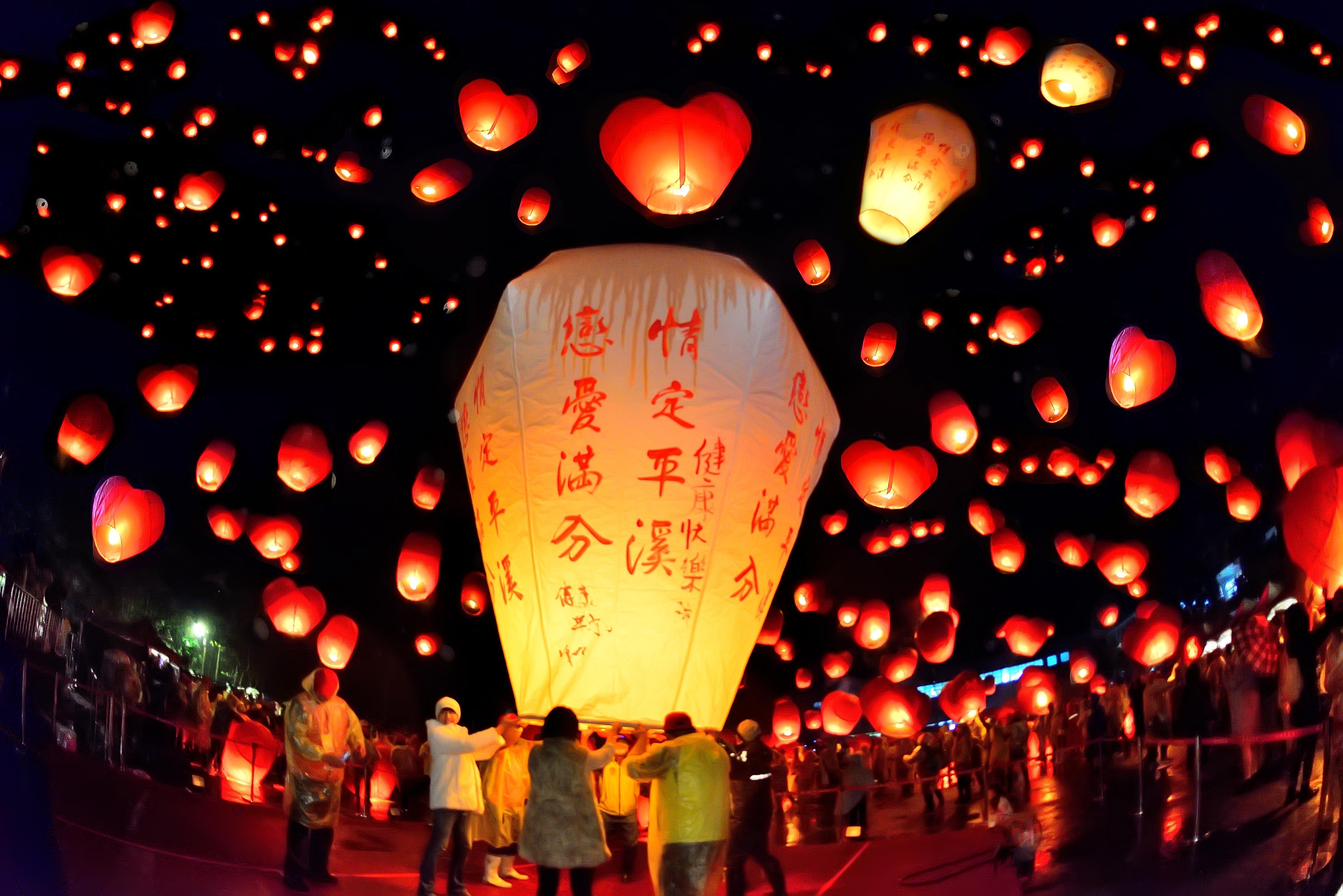 Sky lanterns rising during the Pingxi festival
